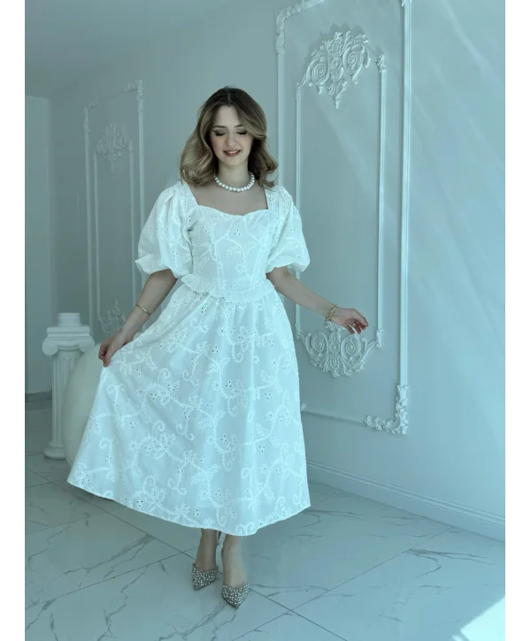 Balon Kollu Dantelli Brode Beyaz ELBİSE