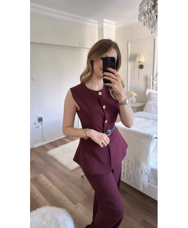 Bordo Kemer Detaylı Bordo Yelek Pantolon Takım