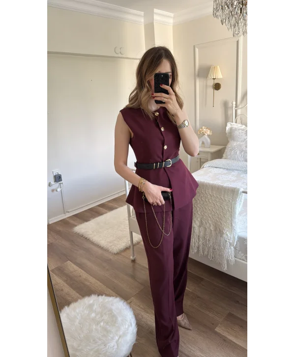 Bordo Kemer Detaylı Bordo Yelek Pantolon Takım