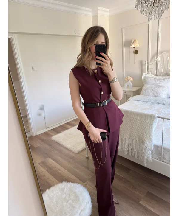 Bordo Kemer Detaylı Bordo Yelek Pantolon Takım