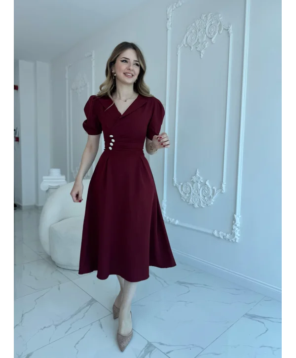 CEKET YAKA BALON KOL DÜĞME DETAY BORDO ELBİSE