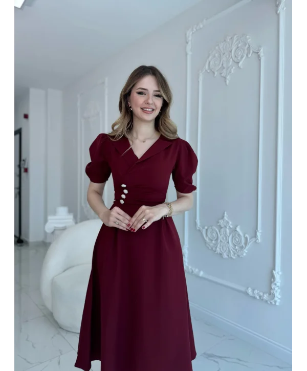 CEKET YAKA BALON KOL DÜĞME DETAY BORDO ELBİSE