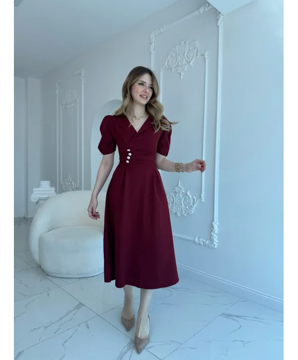CEKET YAKA BALON KOL DÜĞME DETAY BORDO ELBİSE