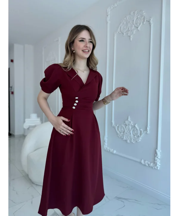 CEKET YAKA BALON KOL DÜĞME DETAY BORDO ELBİSE
