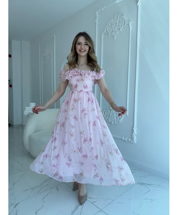 Pembe Şifon Kumaş Boyun Bağlama Detaylı Elbise