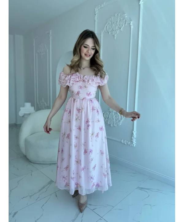 Pembe Şifon Kumaş Boyun Bağlama Detaylı Elbise