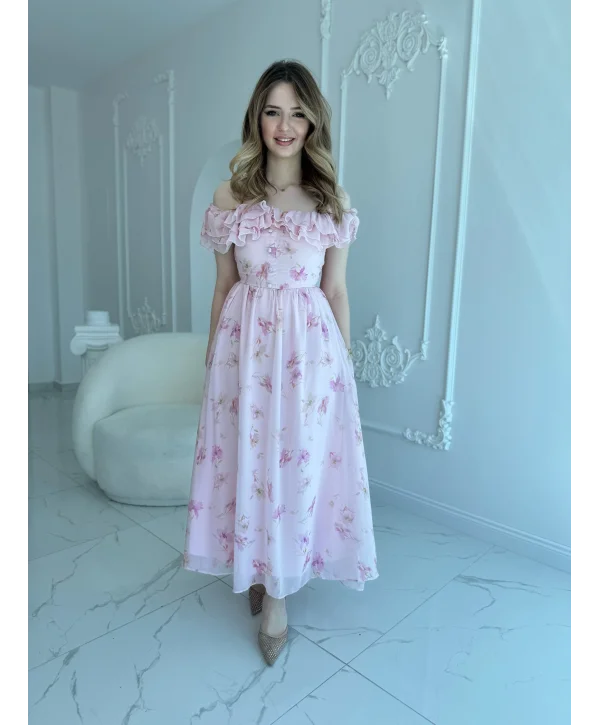 Pembe Şifon Kumaş Boyun Bağlama Detaylı Elbise