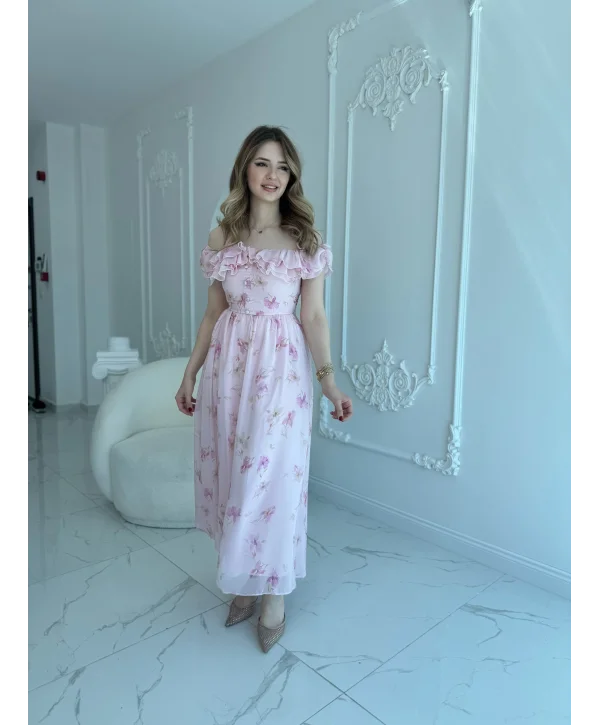 Pembe Şifon Kumaş Boyun Bağlama Detaylı Elbise