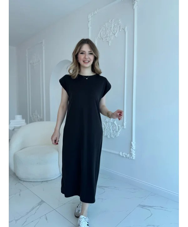 Modal Kumaş Vatkalı Maxi Boy Siyah Elbise