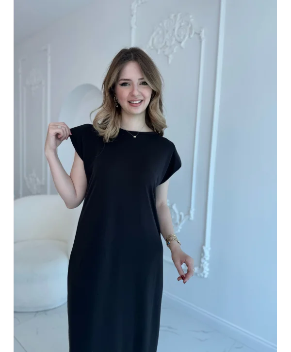 Modal Kumaş Vatkalı Maxi Boy Siyah Elbise