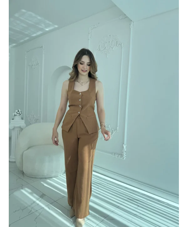 Keten Kumaş Düğmeli Bağlama Detaylı Kahve Takım