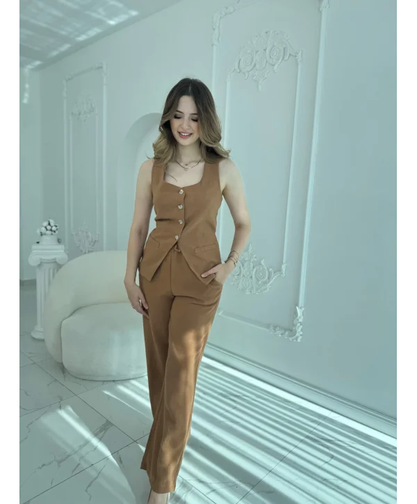 Keten Kumaş Düğmeli Bağlama Detaylı Kahve Takım