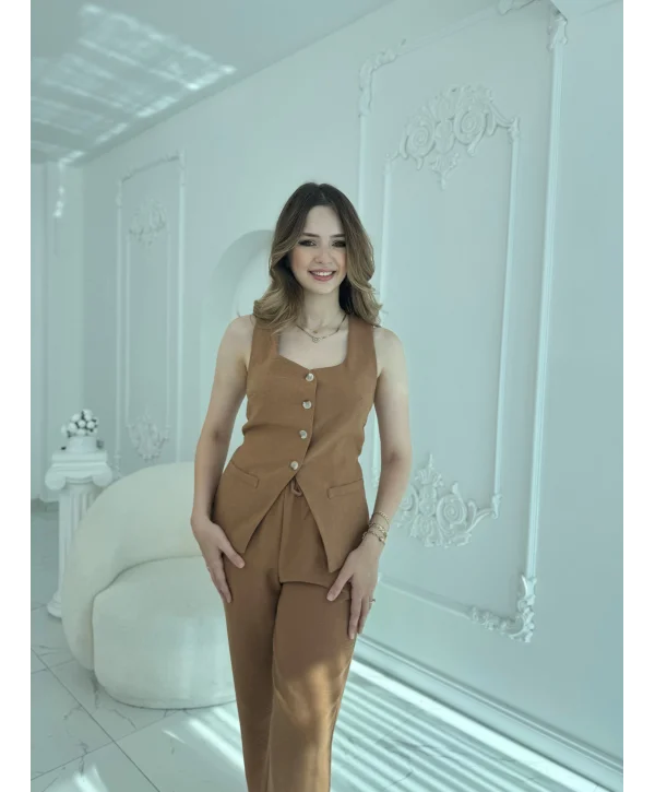 Keten Kumaş Düğmeli Bağlama Detaylı Kahve Takım