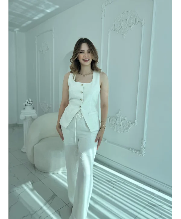 Keten Kumaş Düğmeli Bağlama Detaylı Bej Takım