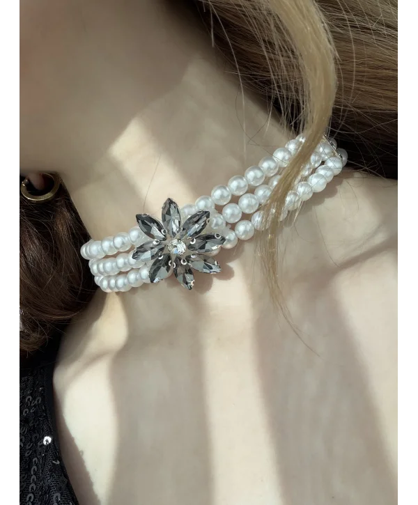 Füme Çiçek Taş Detaylı İnci Choker