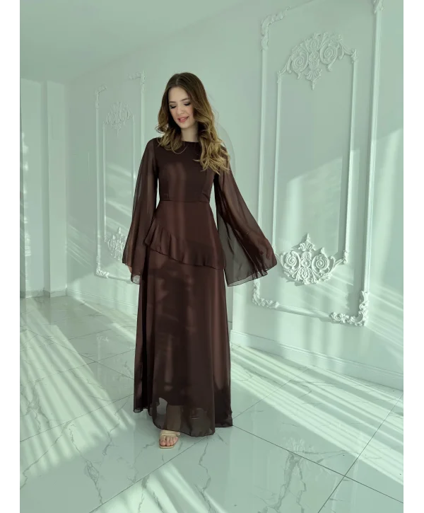 Zarif Şifon Kollu Uzun Kahve Elbise