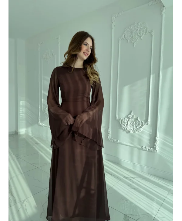 Zarif Şifon Kollu Uzun Kahve Elbise