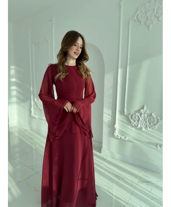 Zarif Şifon Kollu Uzun Bordo Elbise