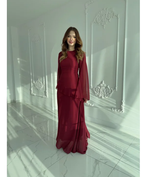 Zarif Şifon Kollu Uzun Bordo Elbise