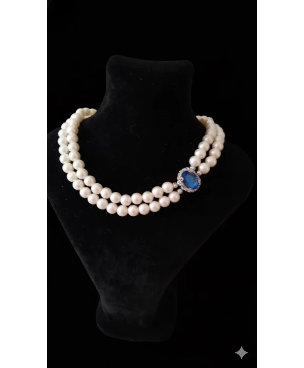 Mavi Taşlı İki Sıra İnci Kolye