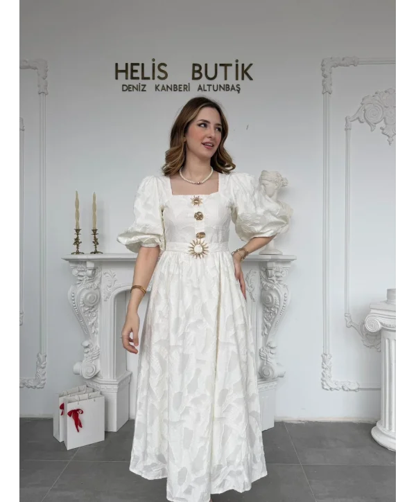 Gold Güneş Düğmeli Kabartma Dokulu Balon Ekru Elbise