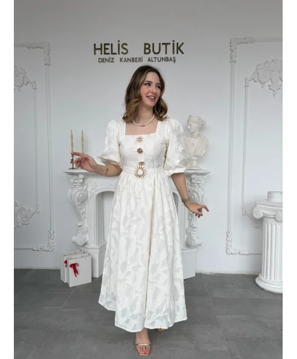 Gold Güneş Düğmeli Kabartma Dokulu Balon Ekru Elbise