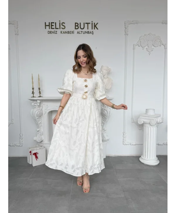 Gold Güneş Düğmeli Kabartma Dokulu Balon Ekru Elbise