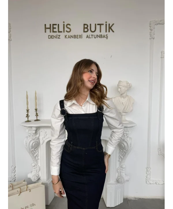 Metal Toka Detaylı Koyu Mavi Likralı Kot Elbise