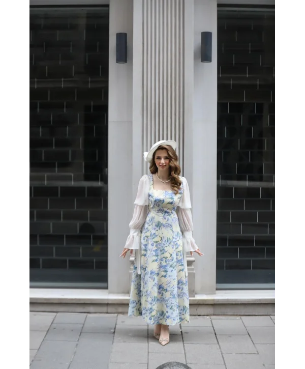 Kare Yaka Şifon Kollu Çiçekli Uzun Elbise (ÖNSİPARİŞTİR)