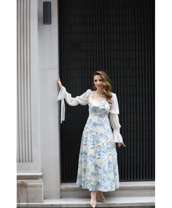 Kare Yaka Şifon Kollu Çiçekli Uzun Elbise (ÖNSİPARİŞTİR)