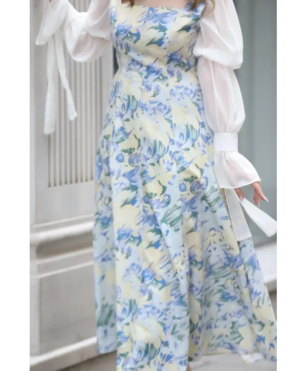 Kare Yaka Şifon Kollu Çiçekli Uzun Elbise (ÖNSİPARİŞTİR)