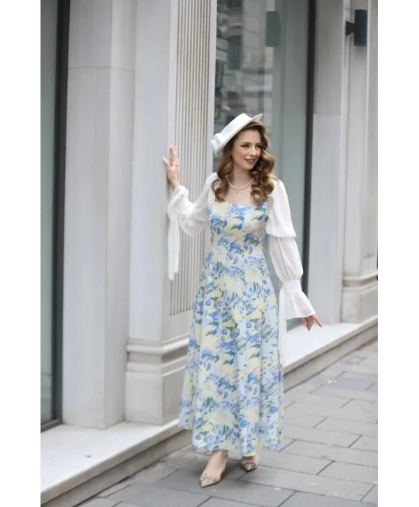 Kare Yaka Şifon Kollu Çiçekli Uzun Elbise (ÖNSİPARİŞTİR)