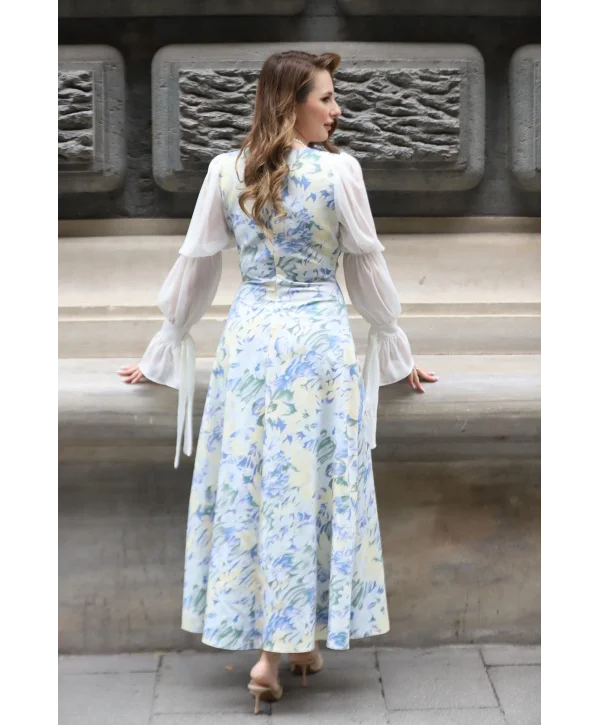 Kare Yaka Şifon Kollu Çiçekli Uzun Elbise (ÖNSİPARİŞTİR)