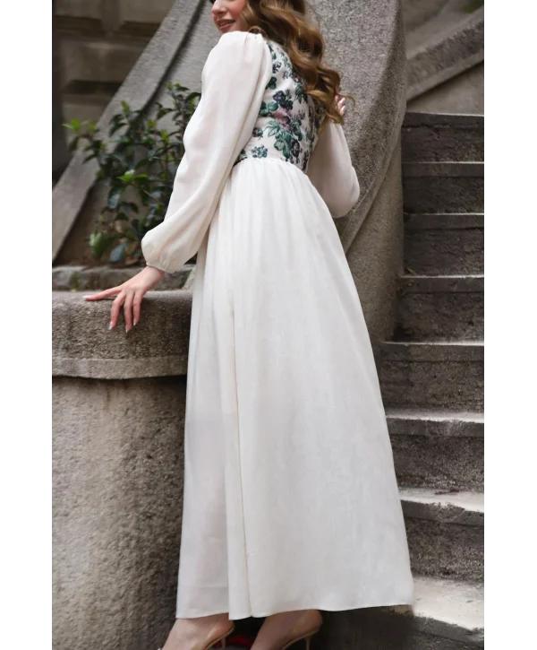 Korse Görünümlü Çiçek Desenli Krem Balon Kollu Elbise(ÖNSİPARİŞTİR)