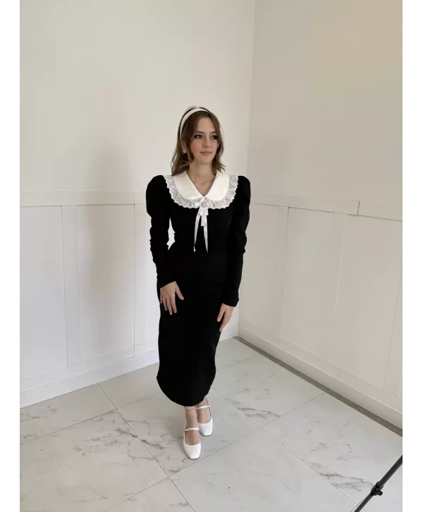 Bebe Yakalı Broş Detaylı vintage elbise