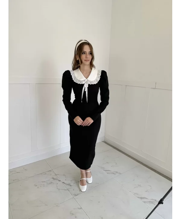 Bebe Yakalı Broş Detaylı vintage elbise