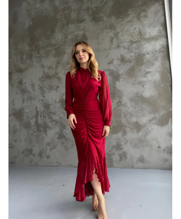 Alina Bordo Rengi Şifon Elbise