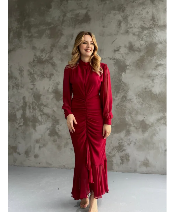 Alina Bordo Rengi Şifon Elbise