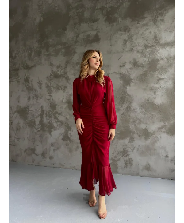 Alina Bordo Rengi Şifon Elbise