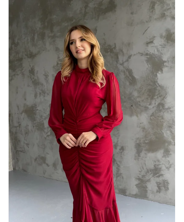 Alina Bordo Rengi Şifon Elbise