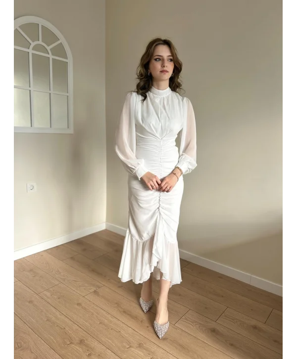 Alina Beyaz Şifon Elbise