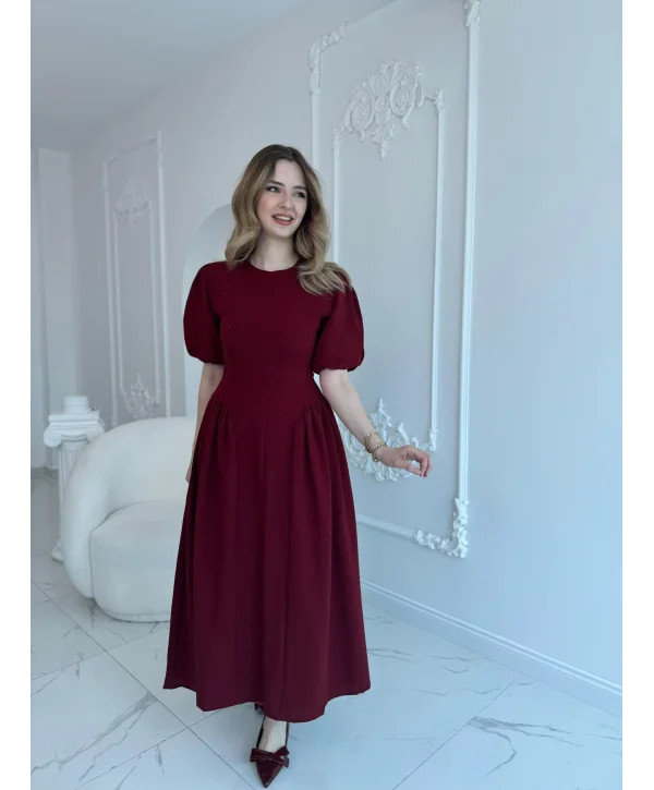Arkadan Bağlamalı Eteği Yanları Büzgülü Keten Bordo Elbise