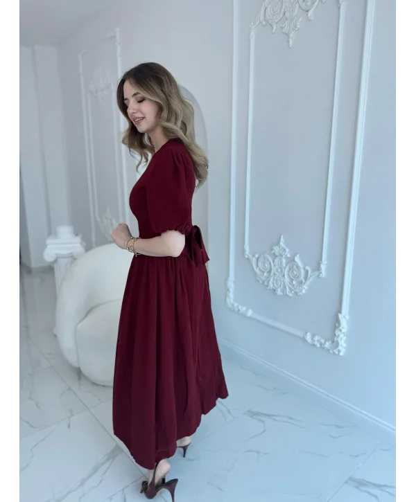 Arkadan Bağlamalı Eteği Yanları Büzgülü Keten Bordo Elbise