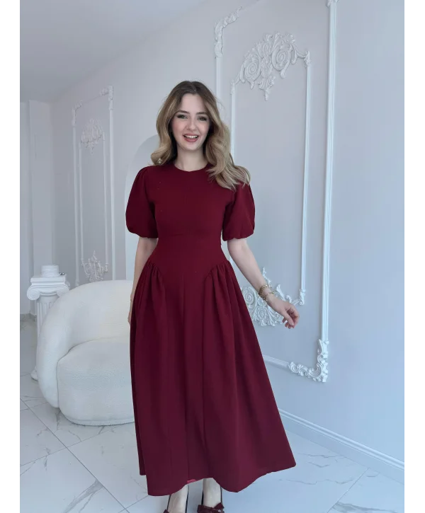 Arkadan Bağlamalı Eteği Yanları Büzgülü Keten Bordo Elbise