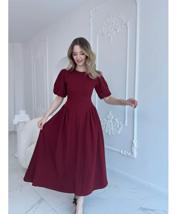 Arkadan Bağlamalı Eteği Yanları Büzgülü Keten Bordo Elbise