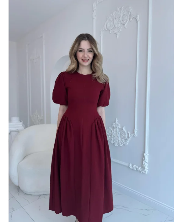 Arkadan Bağlamalı Eteği Yanları Büzgülü Keten Bordo Elbise