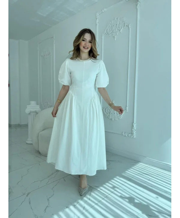 Arkadan Bağlamalı Eteği Yanları Büzgülü Keten Ekru Elbise