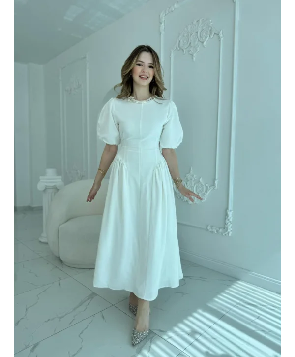 Arkadan Bağlamalı Eteği Yanları Büzgülü Keten Ekru Elbise