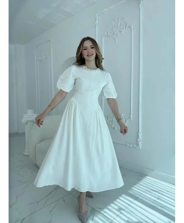 Arkadan Bağlamalı Eteği Yanları Büzgülü Keten Ekru Elbise