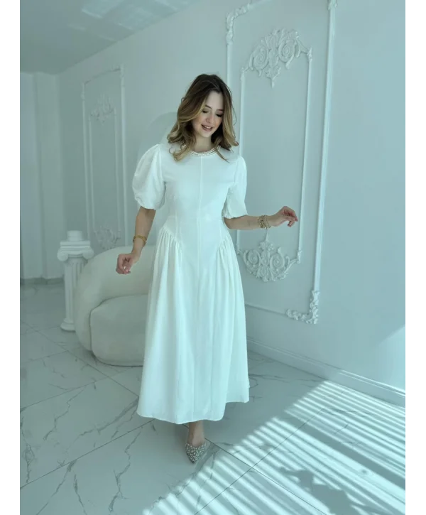 Arkadan Bağlamalı Eteği Yanları Büzgülü Keten Ekru Elbise